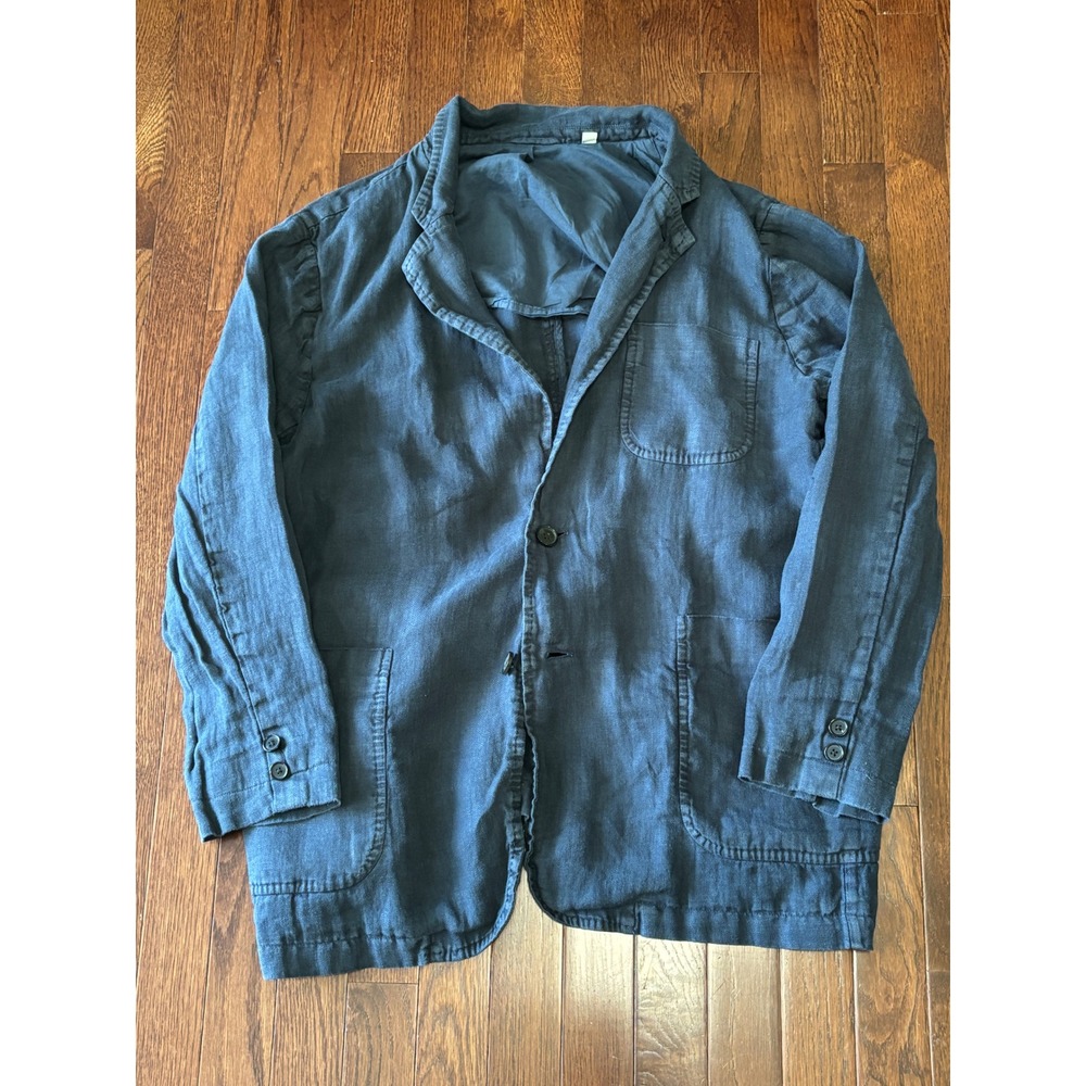 Billy Reid Mens Garment Dyed Linen Blazer Navy Blue 44R Jacket Patch Pockets